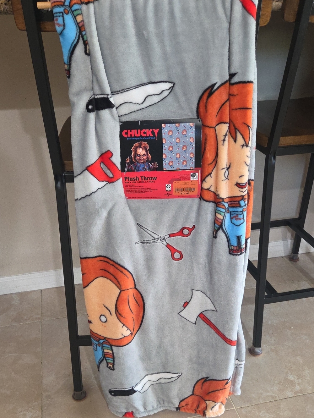 Chucky  Plush Throw Blanket - Gray with Orange Character Print